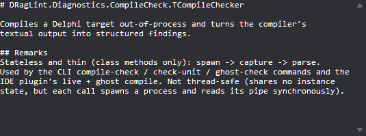 A DL-written doc-comment shown in the RAD Studio editor