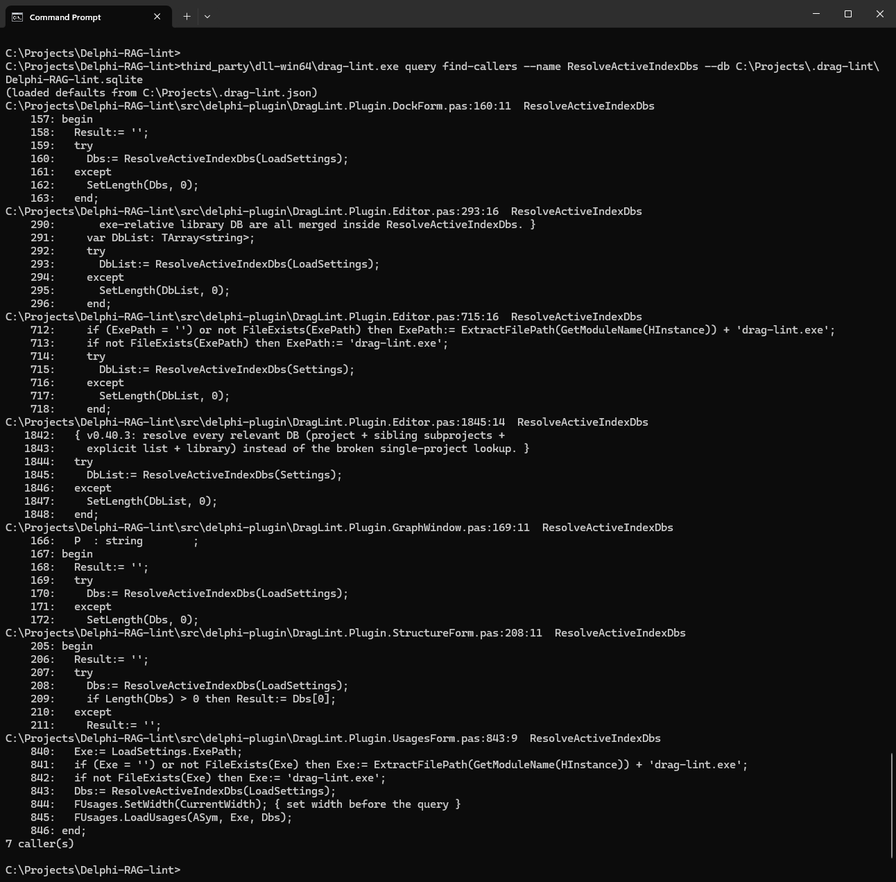 DL find-callers query output
